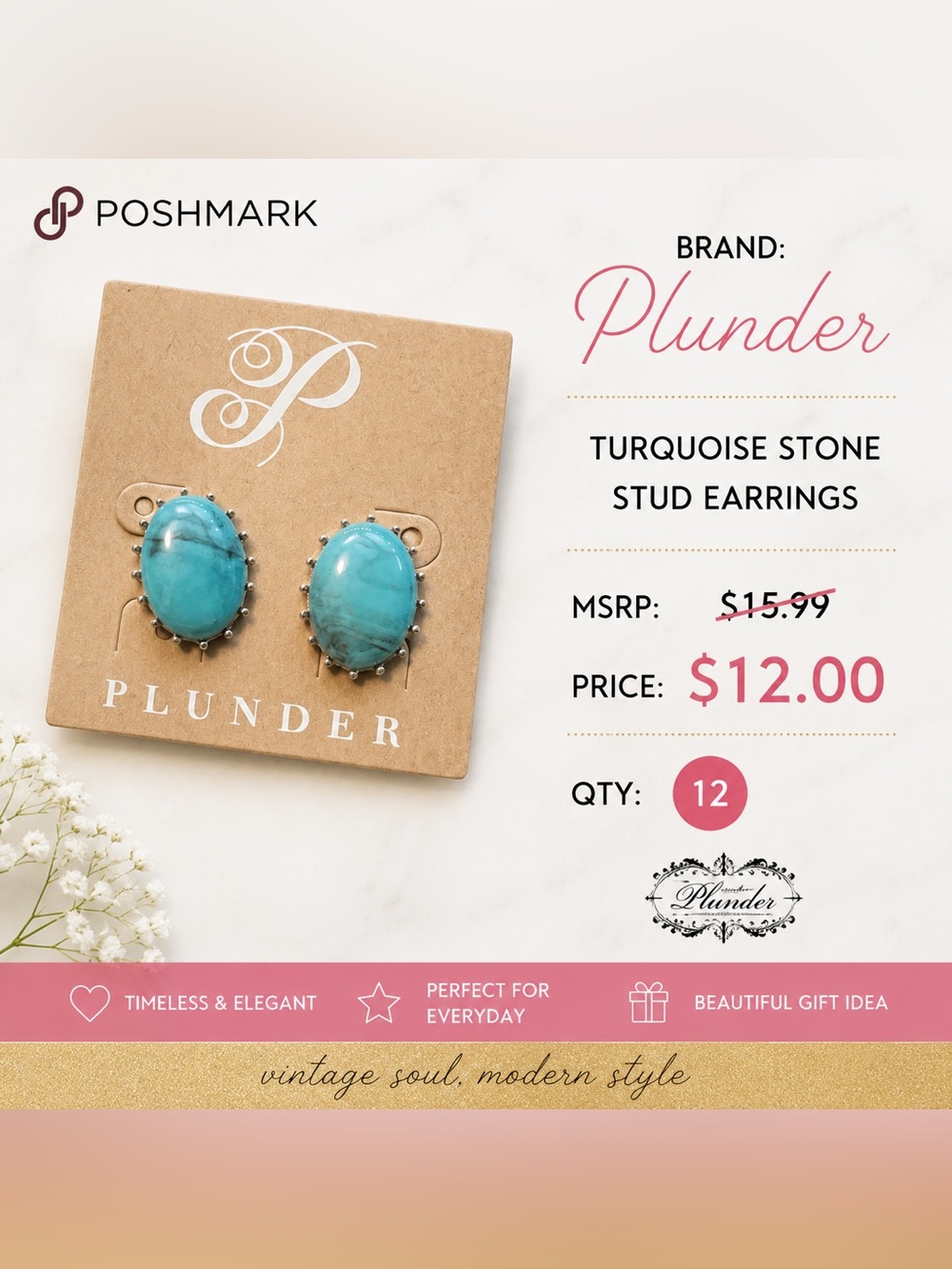Plunder Turquoise Oval Stone Stud Earrings in Blue